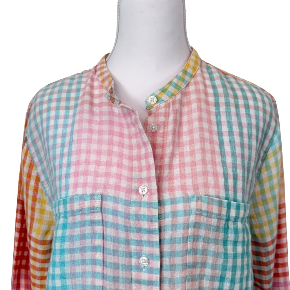 Lands End Women's Rainbow Plaid Linen Roll Tab Button Up Top M Beachy Lagenlook - Picture 6 of 11